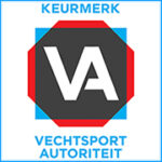 Logo of quality requiremnts set by Vechtsport Autoriteit (the Dutch Martial Arts Authority Logo has bright blue letters saying Keurmerk Vechtsport Autoriteit. The sigh is a blue square with a red hexagon layered on top plus a black hexagon on top with in the centre the letters VA.